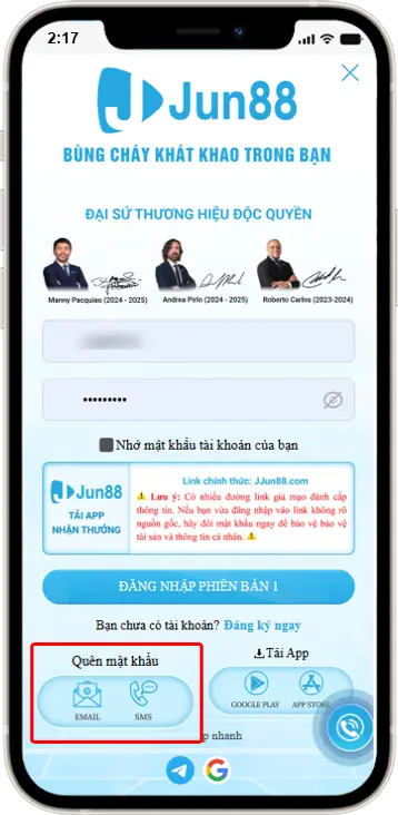 Bước 2: Chọn Quên mật khẩu